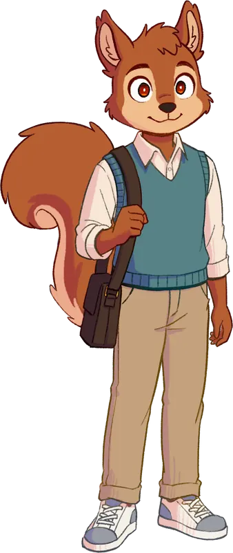 The player character, a squirrel in a sweater vest with a messenger bag